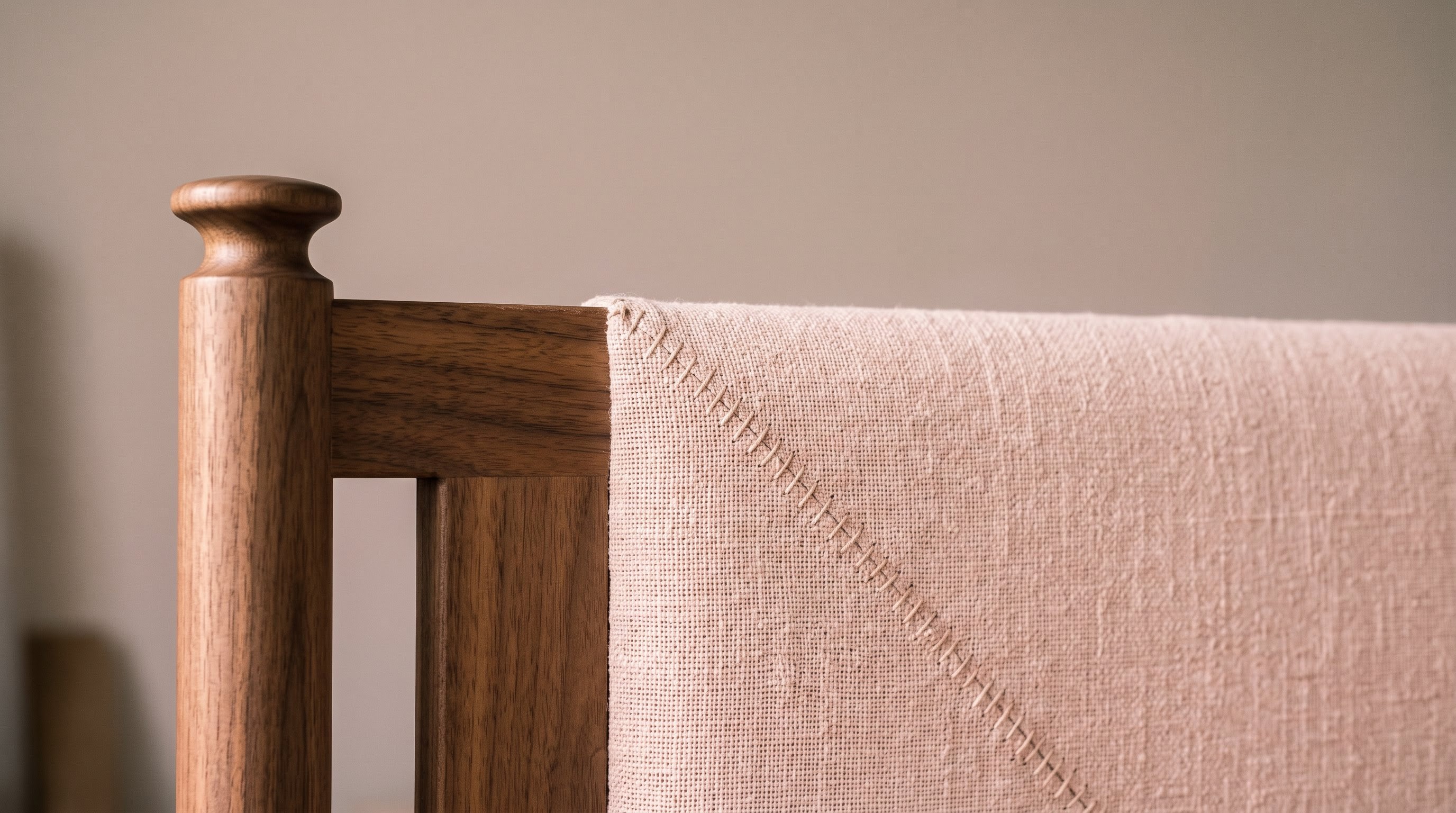 AI_IMAGE: Close three-quarter view of an upholstered bed headboard in raw cotton fabric meeting an oiled walnut frame, the hand-stitched seam running diagonally across the frame, side light grazing the weave and the turned corner post. | wide editorial photograph occupying the larger left field of a closing brand band, calm low-detail area toward the upper right | photorealistic | landscape